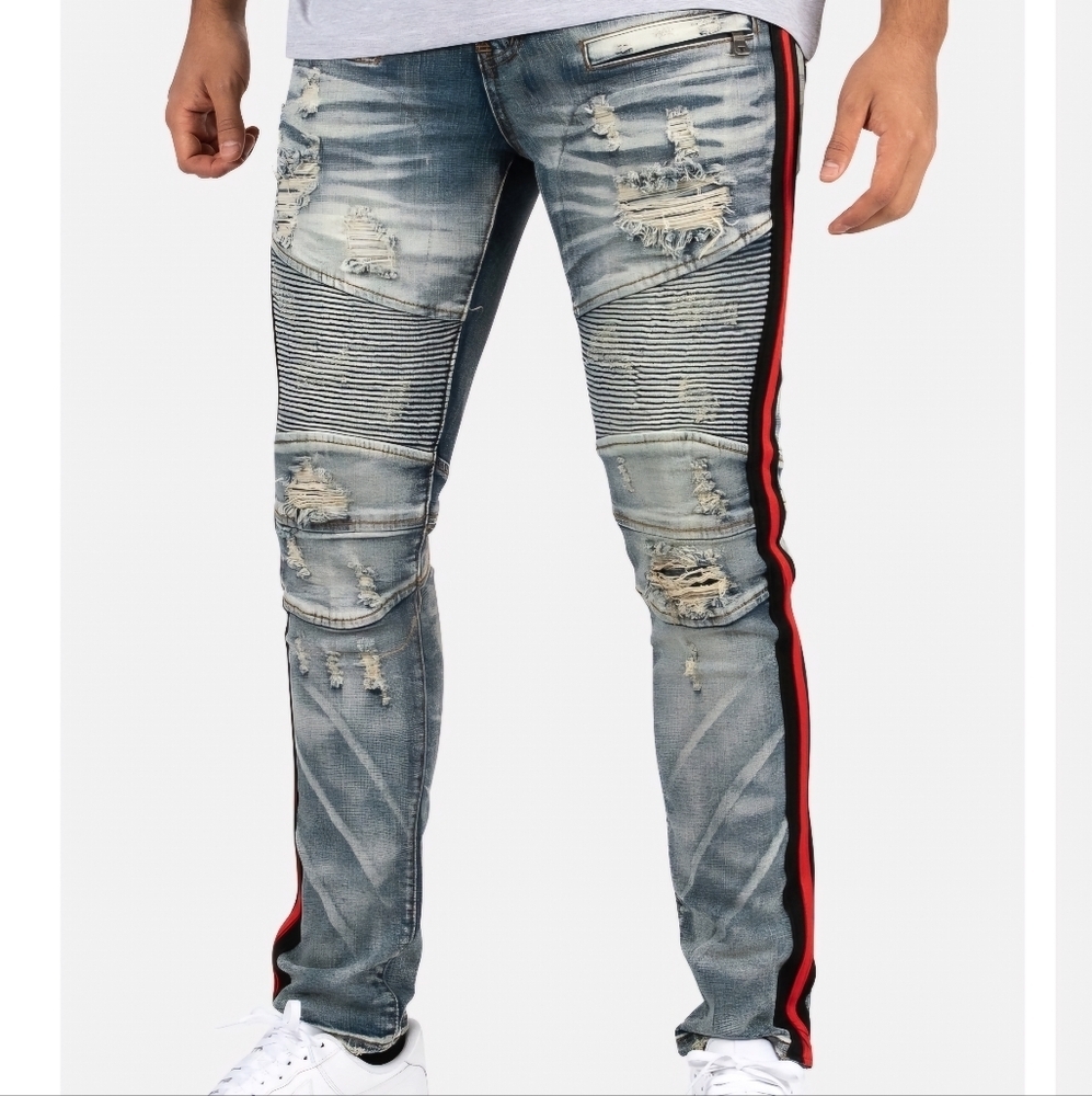 PREME Mens Distressed Red Black Side Stripe Moto Denim Jeans Streetwear 38 / 34